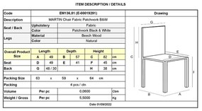 Καρέκλα PP, MARTIN Ύφασμα Patchwork B&amp;W 49x57x82cm (Σετ 4 ΤΕΜ)