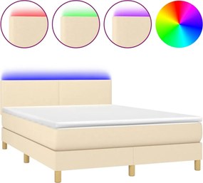 vidaXL Κρεβάτι Boxspring με Στρώμα &amp; LED Κρεμ 140x190 εκ. Υφασμάτινο