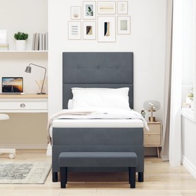 vidaXL Κρεβάτι Box Spring με Στρώμα & Παγκάκι Σκοτεινό Γκρι 90x200 εκ Βελούδο