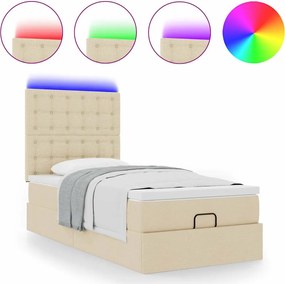vidaXL Οθωμανικό κρεβάτι με στρώμα &amp; LEDs Cream 90x200 cm Ύφασμα
