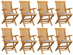 vidaXL Καρέκλες Κήπου 8 τεμ από Μασίφ Ξύλο Teak με Γκρι Καρό Μαξιλάρια