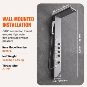VEVOR Shower Panel System, 4 Shower Modes Shower Panel Tower, Rainfall, Waterfall, 5 Full Body Massage Jets and 3-Setting Handheld Shower Head with 59&quot; Hose, Stainless Steel Wall-Mounted Shower Set