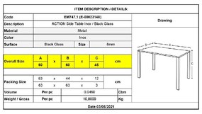 ACTION ΒΟΗΘΗΤΙΚΟ ΤΡΑΠΕΖΑΚΙ ΣΑΛΟΝΙΟΥ - ΚΑΘΙΣΤΙΚΟΥ 60X60CM INOX - ΜΑΥΡΟ ΓΥΑΛΙ 8MM