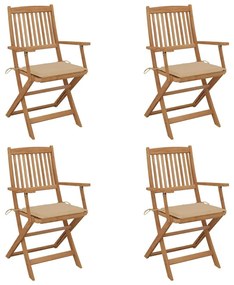 Καρέκλες Κήπου Πτυσσόμενες 4 τεμ Μασίφ Ξύλο Ακακίας &amp; Μαξιλάρια - Μπεζ