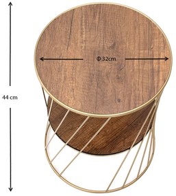 Τραπεζάκι βοηθητικό Jaspin Megapap μεταλλικό - Mdf χρώμα χρυσό - καρυδί 32x32x44εκ.