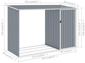 Υπόστεγο Ξύλων/Αποθήκη Κήπου Γκρι 245x98x159 εκ. Γαλβ. Ατσάλι - Γκρι