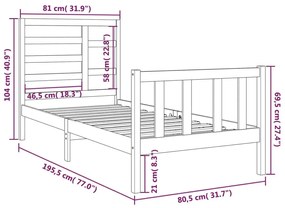 Πλαίσιο Κρεβατιού Λευκό 75x190 εκ. Μασίφ Ξύλο Small Single - Λευκό