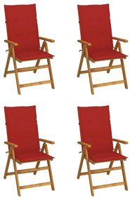 Καρέκλες Κήπου Ανακλινόμενες 4 τεμ. Ξύλο Ακακίας με Μαξιλάρια - Κόκκινο