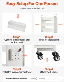 VEVOR 3-Tier Rolling Book Cart Double Sided W-Shaped Shelves Book Truck in White