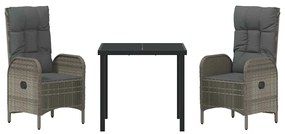 vidaXL Σέτ φαγητού για κήπο με μαξιλάρι 3 pcs Γκρι Πολυ ράταν