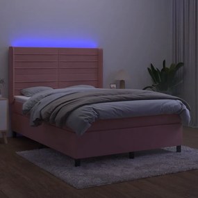 vidaXL Κρεβάτι Boxspring με Στρώμα &amp; LED Ροζ 140x200 εκ. Βελούδινο