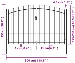 vidaXL Καγκελόπορτα Διπλή με Ακίδες Μαύρη 3 x 2 μ. Ατσάλινη