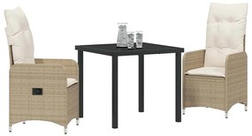 vidaXL Σέτ φαγητού για κήπο με μαξιλάρι 3 pcs Μπεζ Πολυ ράταν
