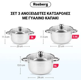 Σετ κατσαρόλες Rosberg R51210O6, 6 τμχ, 3-5 L, Γυάλινα καπάκια, Inox