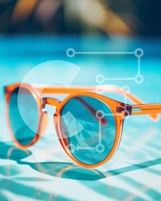 Intra Συλλεκτικό Ξύλινο Παζλ Plywood  4mm - Πορτοκαλί γυαλιά ηλίου στην μπλε πισίνα Σε Ξύλινο Κουτί - Διαστάσεις Puzzle: 10x10 cm – 25 κομμάτια