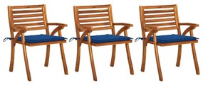 Καρέκλες Τραπεζαρίας Κήπου 3 τεμ Μασίφ Ξύλο Ακακίας + Μαξιλάρια - Μπλε