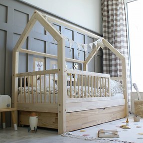 Κρεβάτι Παιδικό Montessori Flori Plus με κάγκελα + Συρτάρι σε Φυσικό  Ξύλο  80×160cm  Luletto (Δώρο 10% έκπτωση στο Στρώμα)