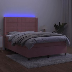 vidaXL Κρεβάτι Boxspring με Στρώμα &amp; LED Ροζ 140x200 εκ. Βελούδινο