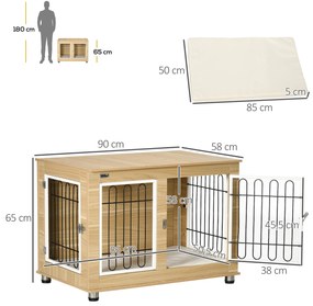 PawHut Κλουβί Σκύλου, Πλενόμενο Μαξιλάρι, Κλουβί Σκύλου, 2 Κλειδαριές, 90 cm x 58 cm x 65 cm, Φυσικό + Μαύρο + Λευκό