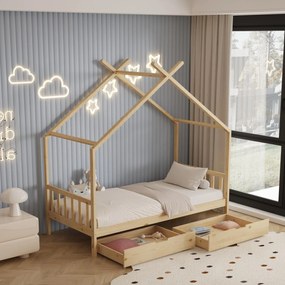Κρεβάτι Παιδικό KLARICE τ.MONTESSORI με 2 Συρτάρια Ξύλο Πεύκου Φυσικό 90x190εκ. 196x97x193 εκ.