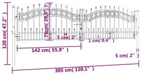 vidaXL Πόρτα Φράχτη με Ακίδες Μαύρη 305x120 εκ. Ατσάλι με Ηλεκτρ. Βαφή