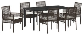 vidaXL Σετ Τραπεζαρίας 7 Κομματιών με Μαξιλάρια Καφέ Πολυ Ρατάν