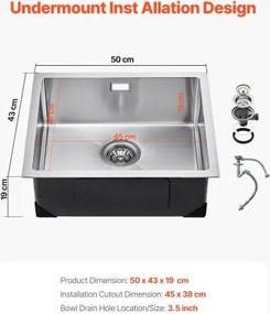 VEVOR 50cm Kitchen Sink Undermount Single Bowl Drop-In Basin Stainless Steel Bar