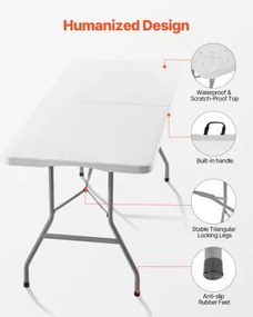 VEVOR 180cm Plastic Folding Table Portable Picnic Table Handle Indoor Outdoor
