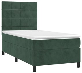 vidaXL Κρεβάτι Boxspring με Στρώμα Σκούρο Πράσινο 90x200 εκ. Βελούδινο