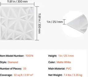 VEVOR 3D Wall Panels 33-Pack 11.81x11.81'' PVC 32 Sq.Ft Coverage Diamond White