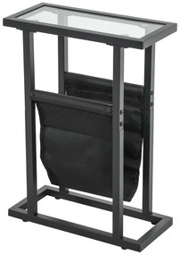 HOMCOM μεταλλικό κομοδίνο με υφασμάτινη τσάντα και γυάλινη επιφάνεια, στενό τραπέζι για σαλόνι, υπνοδωμάτιο, μαύρο