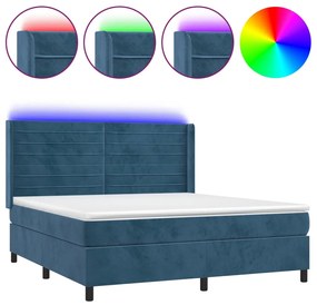 vidaXL Κρεβάτι Boxspring με Στρώμα & LED Σκ. Μπλε 160x200εκ. Βελούδινο