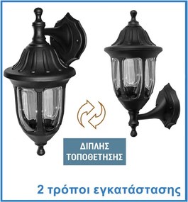 Απλίκα φανάρι επίτοιχο στρόγγυλο μαύρο διπλής τοποθέτησης pc με ντουί Ε27 στενανό IP44
