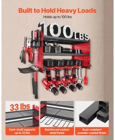 VEVOR Power Tool Organizer Wall Mount, 3-Layer Storage Rack with 4 Drill Holders, Tools Holder and Storage Rack with Side Pegboards, Garage Tool Organizer for Garage, Workbench, and Workshop