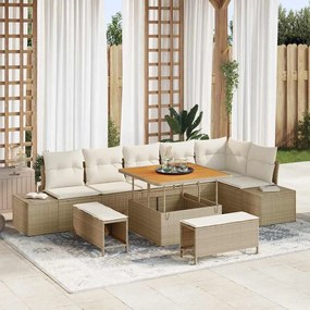 vidaXL Σετ Καναπέ Κήπου με μαξιλάρι 9 pcs Μπεζ Πολυ ράταν