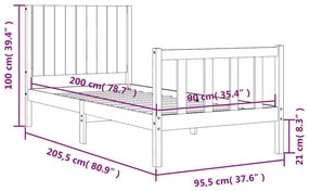 Πλαίσιο Κρεβατιού με Κεφαλάρι Μαύρο 90x200 εκ. Μασίφ Ξύλο - Μαύρο