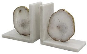 Artekko Agate Βιβλιοστάτης με Αχάτη Μάρμαρο Λευκό Χρυσό (14x8x14)cm Σετ/2 Artekko 82956-WHIT-SA
