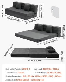 VEVOR Folding Sofa Bed 3-in-1 Foldable Couch Bed with 2 Pillows Dark Grey Queen