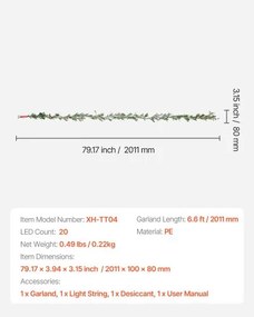 VEVOR 6.6Ft Christmas Garland with Vines Berries Olive Leaves and Light String