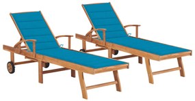 vidaXL Ξαπλώστρες 2 τεμ. από Μασίφ Ξύλο Teak με Μπλε Μαξιλάρια