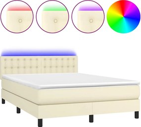 VidaXL Κρεβάτι Boxspring με Στρώμα & LED Κρεμ 140x200 εκ. Συνθ. Δέρμα