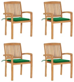 3073215 vidaXL Καρέκλες Κήπου Στοιβαζόμενες 4 τεμ. Μασίφ Ξύλο Teak &amp; Μαξιλάρια Πράσινο, 1 Τεμάχιο