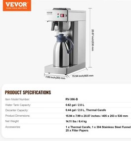 VEVOR 12 Cups Commercial Drip Coffee Maker with Thermal Carafe Restaurant Office