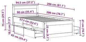 Σκελετός Κρεβατιού Χωρ. Στρώμα +Κεφαλάρι 90x200 εκ Μασίφ Πεύκο - Καφέ