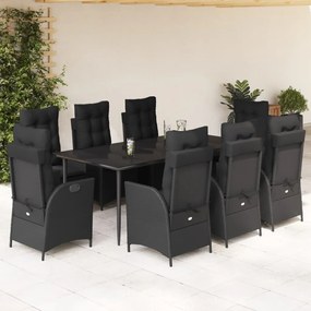 vidaXL Σετ Τραπεζαρίας Κήπου 9 τεμ Μαύρο από Συνθ. Ρατάν με Μαξιλάρια