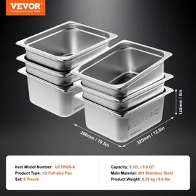 VEVOR 6 Pack 1/2 Size Hotel Pans Steam Table Pan Stainless Steel 6&quot; Deep