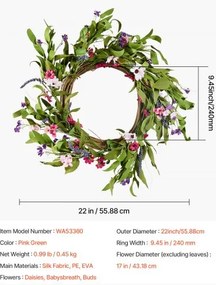 VEVOR Artificial Decorative Wreath 22 in Pink Green Daisies Year Round Wreath