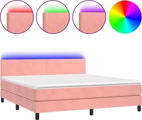 vidaXL Κρεβάτι Boxspring με Στρώμα &amp; LED Ροζ 180x200 εκ. Βελούδινο