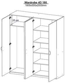 Τετράφυλλη Ντουλάπα Ρούχων KENDALL white 180x55x200