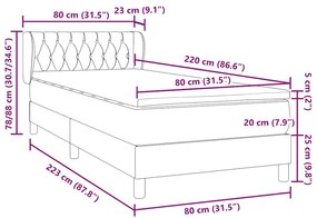 Box Spring κρεβάτι με στρώμα ανοιχτό γκρι 80x220 cm Βελούδινο - Γκρι